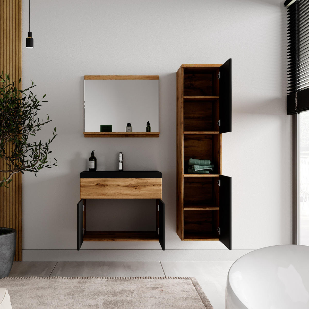 BADMÖBEL-SET Montreal 4 Teile Eiche / Schwarz - 60 x 35 x 51 cm - Eichefarben/Schwarz, Holz (60/51/35cm) - Badplaats