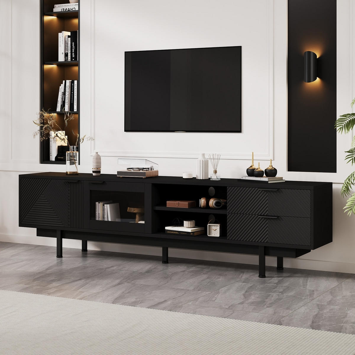 TV-SCHRANK 200x40cm Modern Schwarz 2 Türen 2 Schubladen Stauraum bis 80 Zoll - Schwarz, Holz (46.02/19.3/71.12cm) - FLIEKS