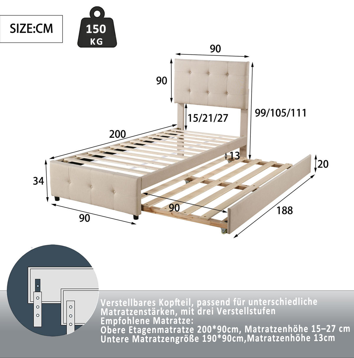 POLSTERBETT 90/200 cm Beige aus Leinenstoff mit Ausziehbett - Beige, Textil (90/200cm) - OKMYHOME