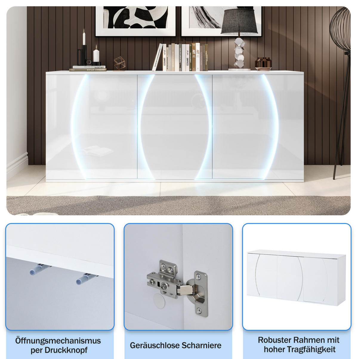 SIDEBOARD 150/40/70 cm in Weiß mit 3 Türen & LED-Beleuchtung - Weiß, Holzwerkstoff (150/70/40cm) - BEAOK