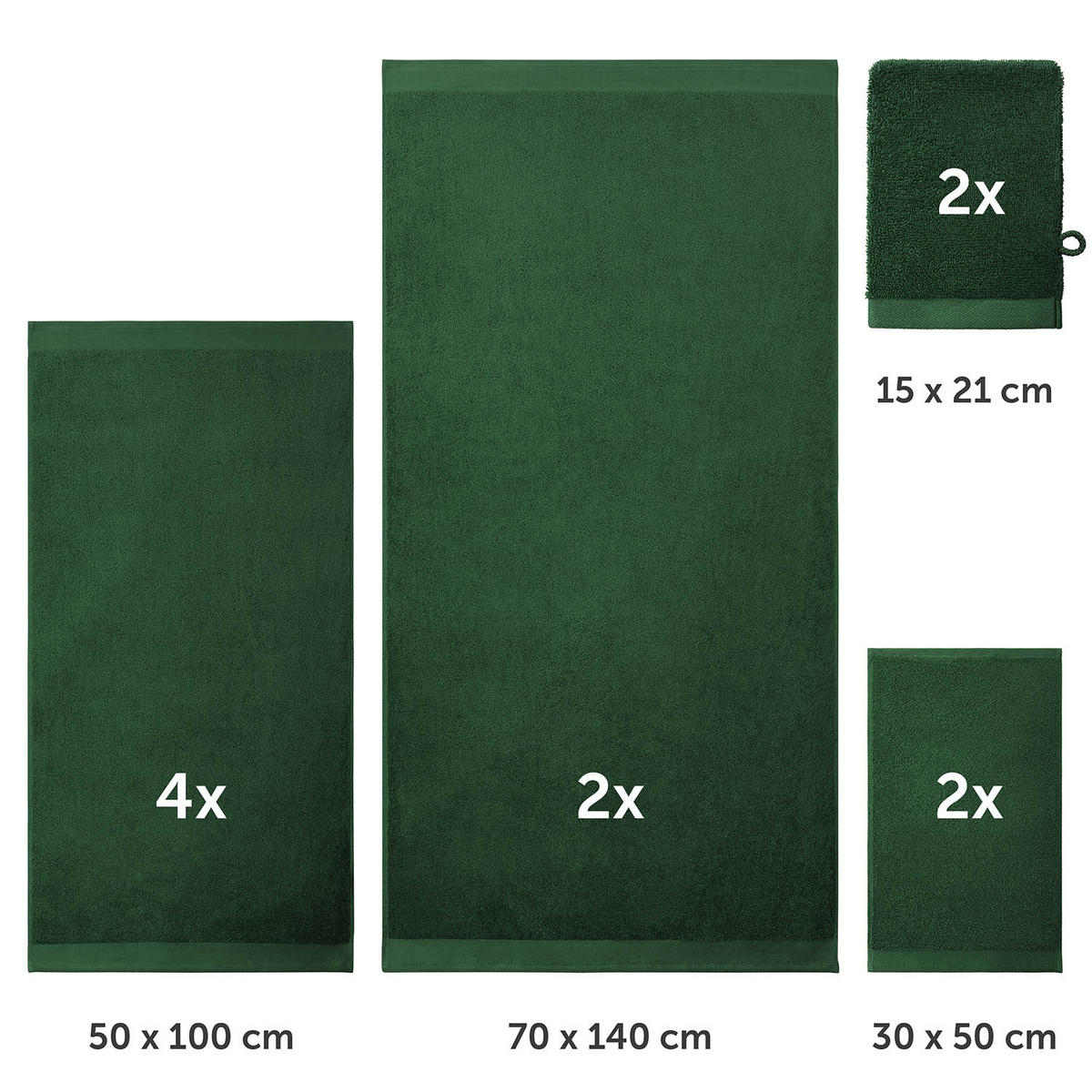 HANDTUCH 8-teilig, 2x Badetuch 70/140 + 4x Handtuch 50/100 + 2x Gästetuch 30/30 + 2x Waschlappen 15/20 cm, Dunkelgrün - Dunkelgrün, Textil (70/140cm) - Blumtal