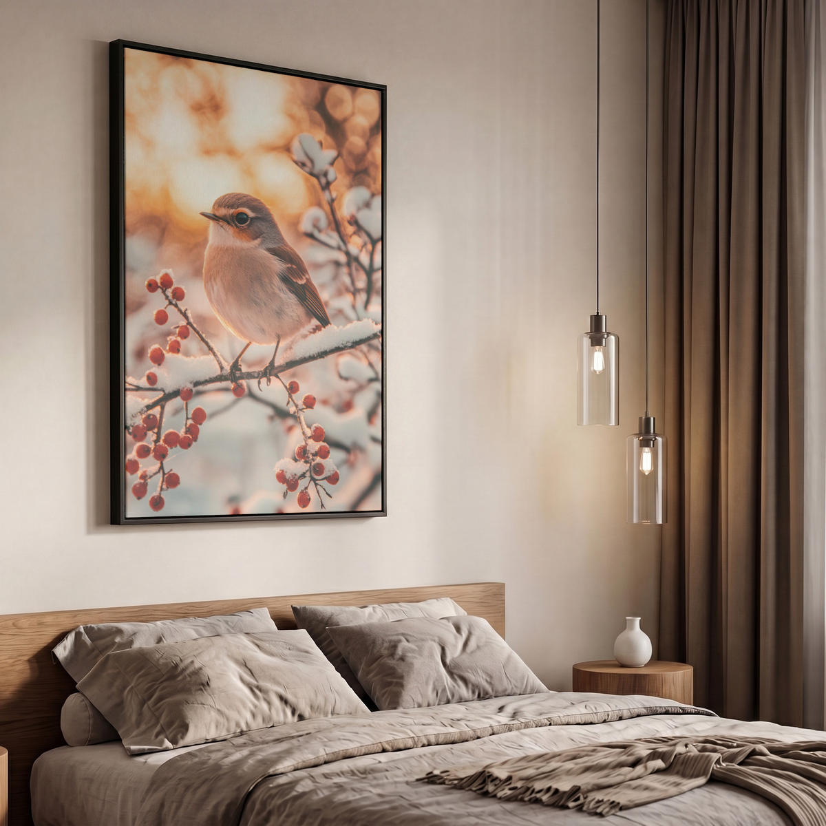 LEINWAND Bilder mit Rahmen - Vogel - Zweig - Winter - Tiere - Schnee - 60x90 - Bernsteinfarben, Textil (60/90cm) - MuchoWow