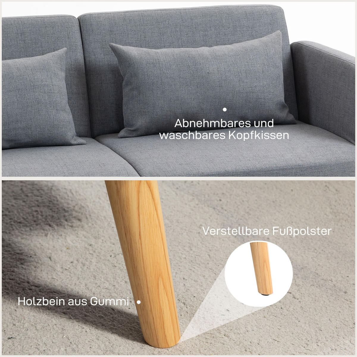 3-SITZER Schlafsofa, 2-Sitzer Klappbett mit Bettfunktion, 2 Wurfkissen Grau - Naturfarben/Grau, Holz/Textil (83/80/170cm) - HOMCOM