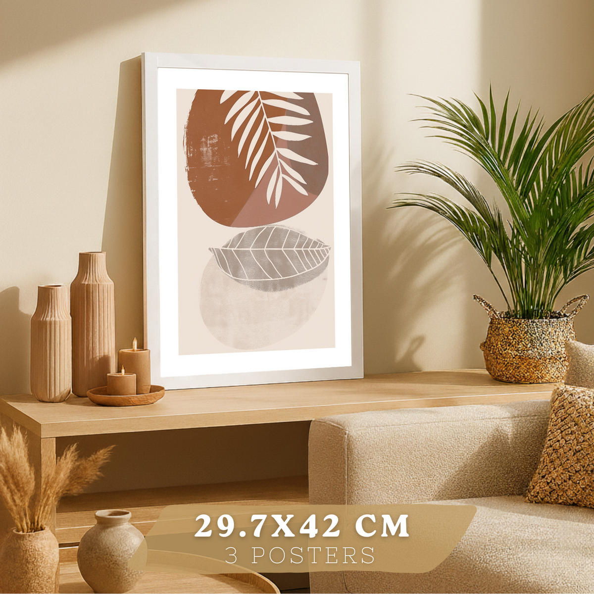 PLAKAT Sada 3 abstraktních dekorativních tisků na stěnu pro obrázky obývacího pokoje.Dekorace v hnědých květinových tónech. Velikost A3 Bílý rám - bílá, papír (29.7/42/3cm)