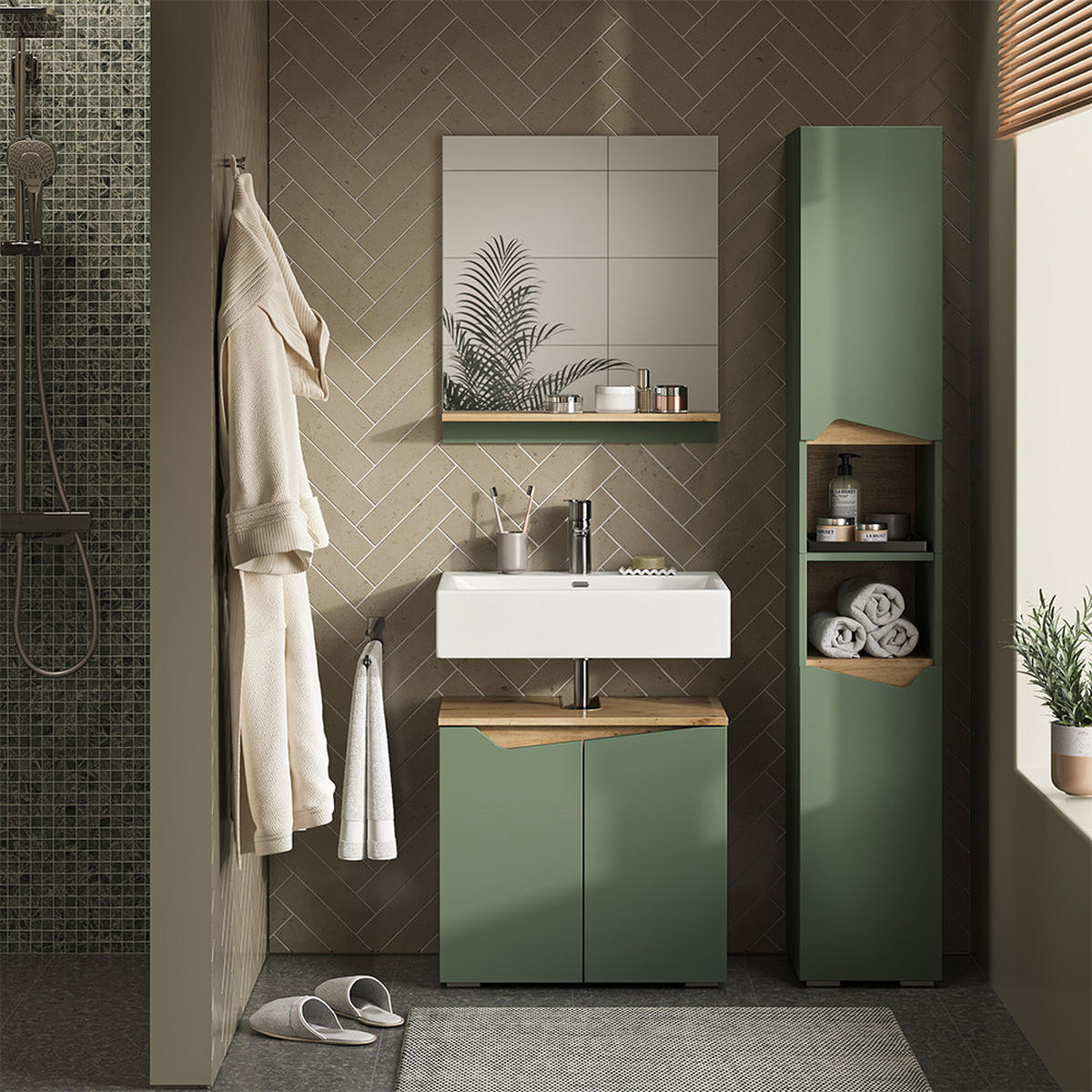 BADSCHRANK Marelle Grün/Artisan 30 x 180 cm mit Türen und offenen Fächern - Grün, Holzwerkstoff (30/180/35cm) - Vicco