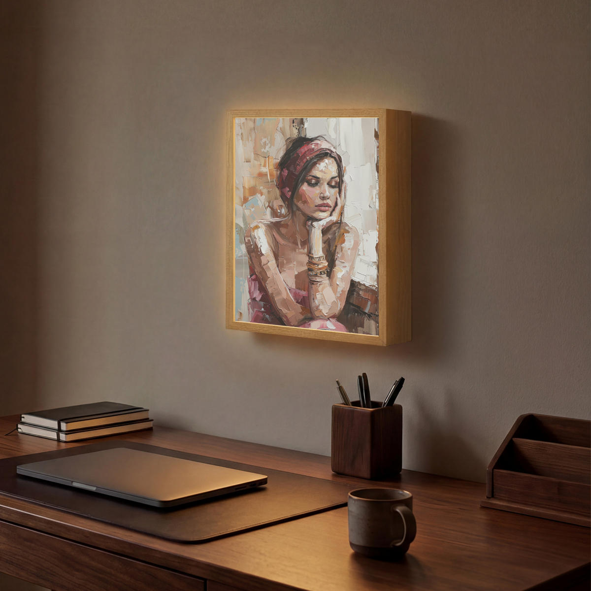 NÁSTĚNNÁ LAMPA S AKUMULÁTOREM Žena - vzhled malby - portrét - moderní 30x40 cm - hnědá, kompozitní dřevo (30/40/8cm) - OnlyWow