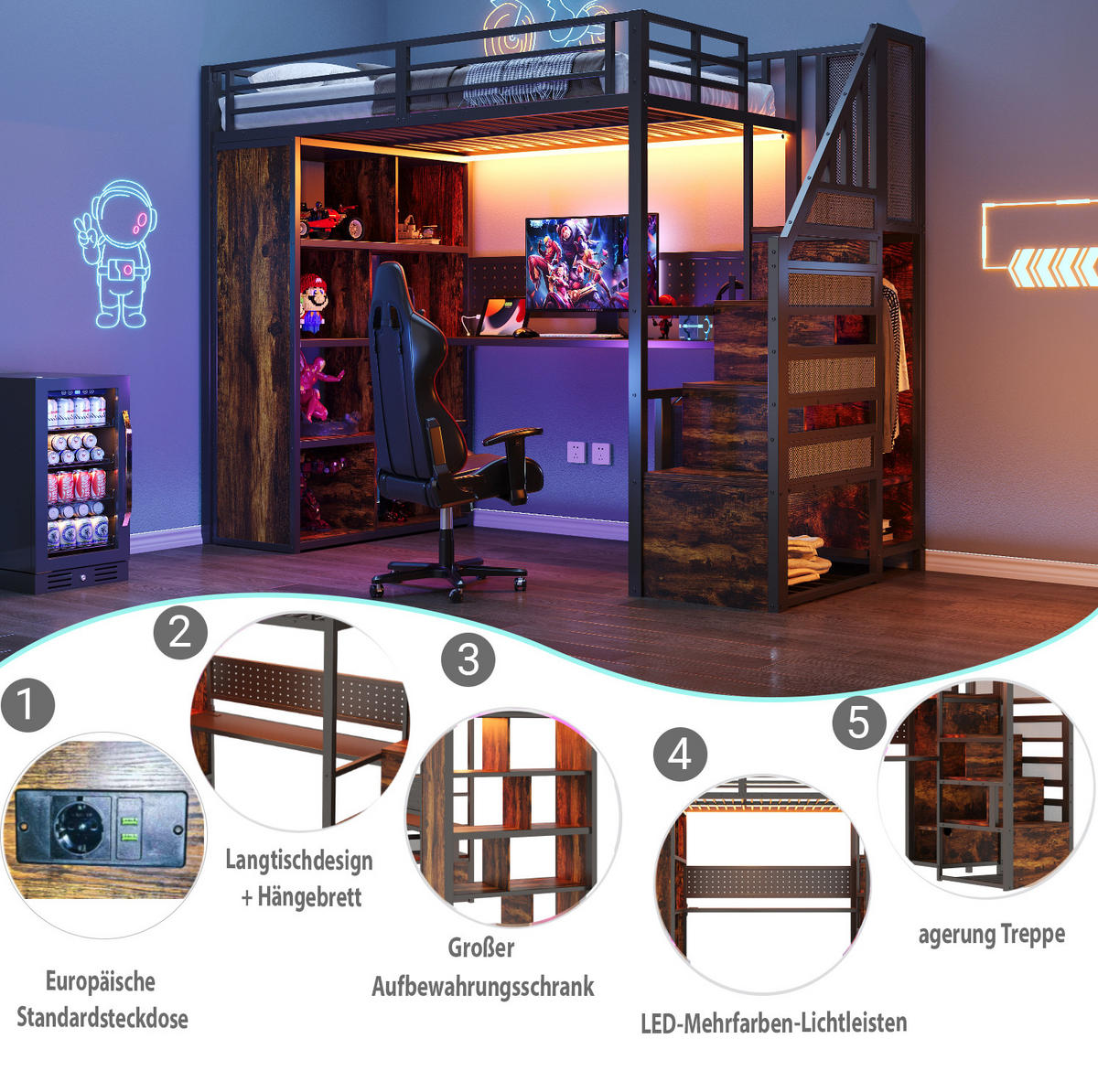 HOCHBETT 90/200 cm mit Stauraumtreppe, Schreibtisch, LED-Beleuchtung und Kleiderschrank, Schwarz - Schwarz, Holzwerkstoff (90/200cm) - Redom