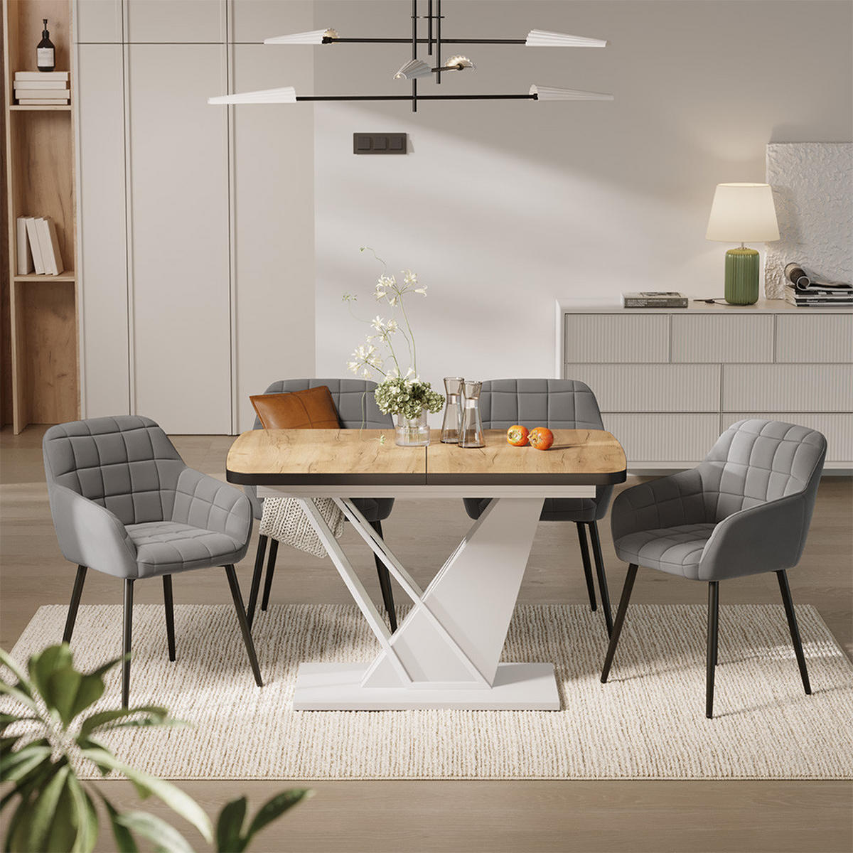 JEDILNA MIZA Fenaro, Zlati hrast z močjo/Bela, 120 x 80 cm s 4 jedilnimi stoli - barve hrasta/bela, leseni material (120/76/80cm) - Vicco