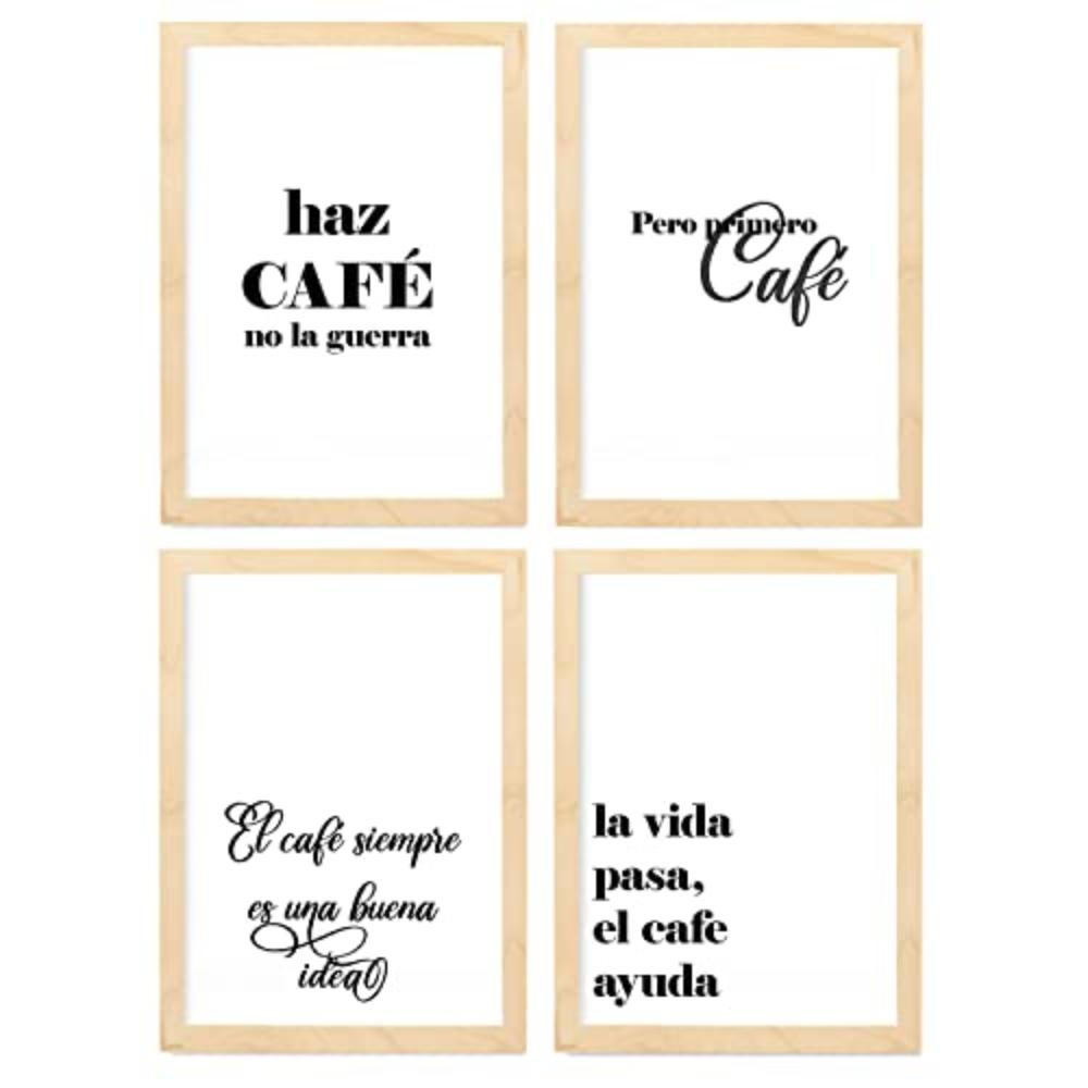 POSTER Set mit 4 Kaffee TypografieStil A4 Rahmen aus hellem Holz - Beige, Papier (29.7/3cm) - Nacnic