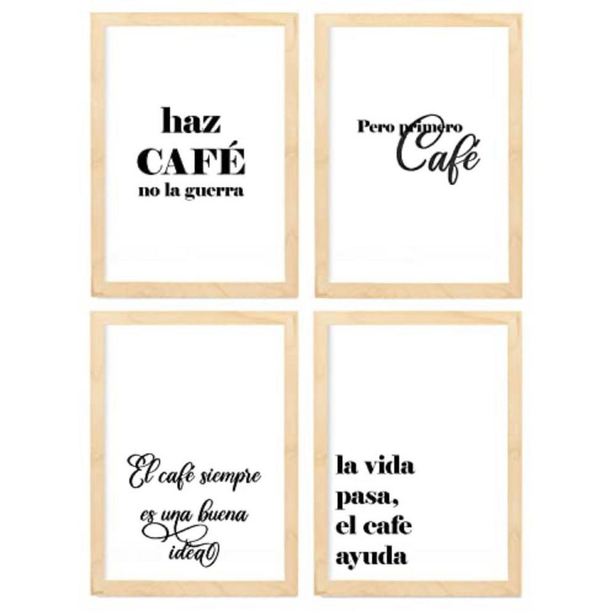 POSTER Set mit 4 Kaffee TypografieStil A4 Rahmen aus hellem Holz - Beige, Papier (29.7/3cm) - Nacnic