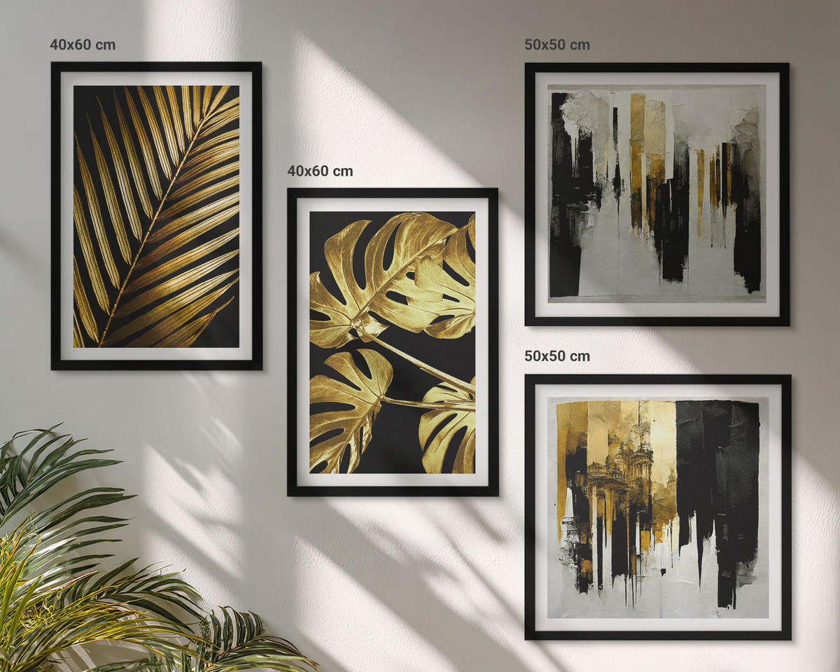 WANDBILDER 4er-Set - 50x50 cm & 40x60 cm Schwarzer Rahmen - Abstrakte Monstera-Palmenblätter - Schwarz, Kunststoff (50/50cm) - ArtPrintCave