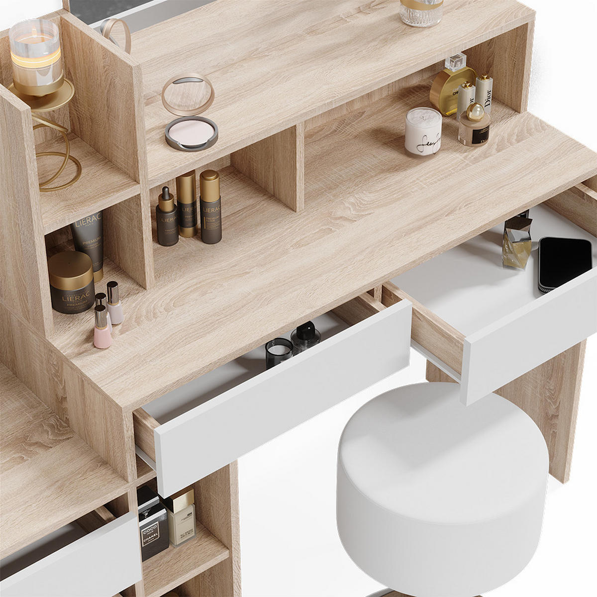 SCHMINKTISCH Anja Weiß/Sonoma 139.8 cm mit Hocker - Weiß/Sonoma Eiche, Holzwerkstoff (139.8/115/40cm) - Vicco
