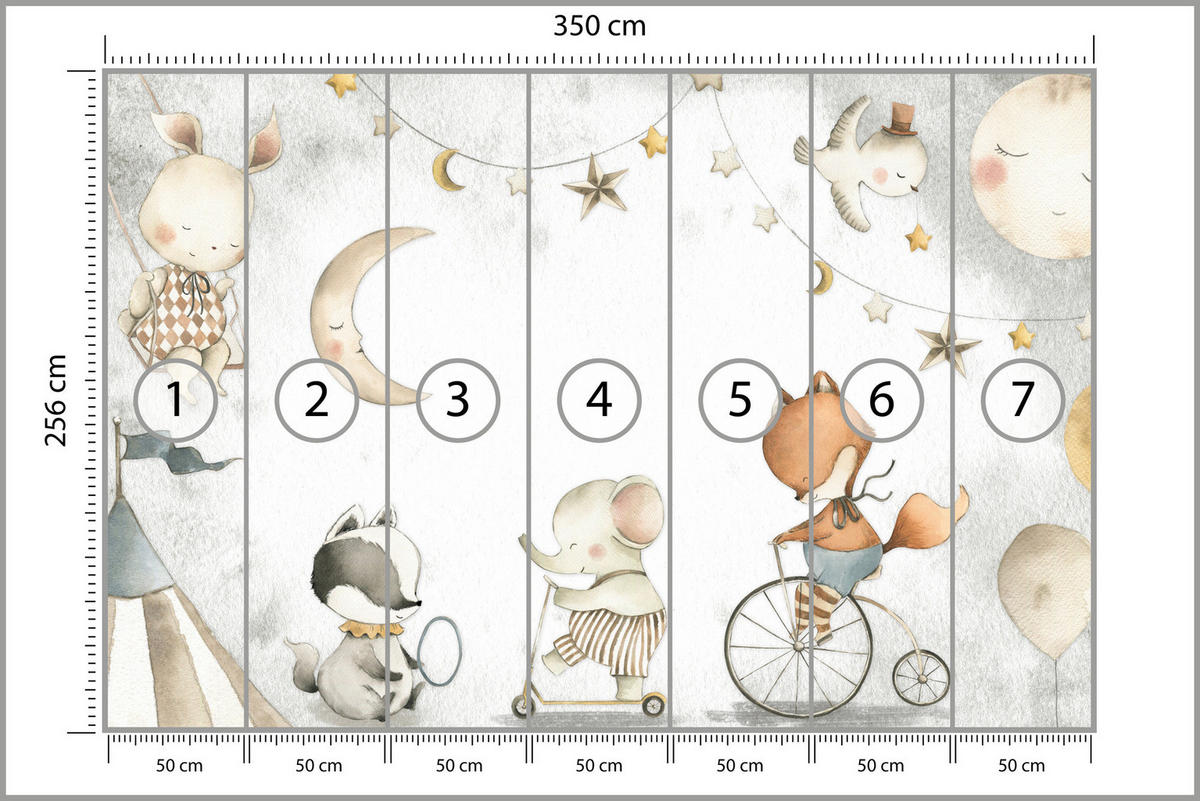 FOTOTAPETE für Kinderzimmer Zirkus Tiere Elefant Fuchs Monde Sterne 350x256 - Gelb/Beige, Papier (350/256cm) - Muralo