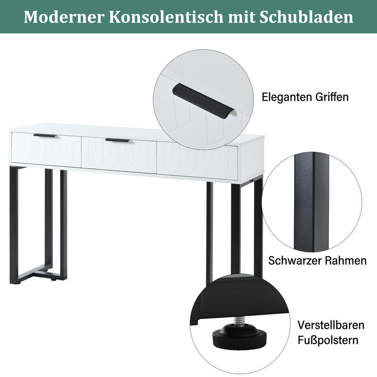 KONSOLENTISCH mdf in weiß & schwarz mit metallgestell, 3 schubladen & verstellbare fußpolster - Weiß, Holzwerkstoff (36/120/80cm) - Urban Meuble