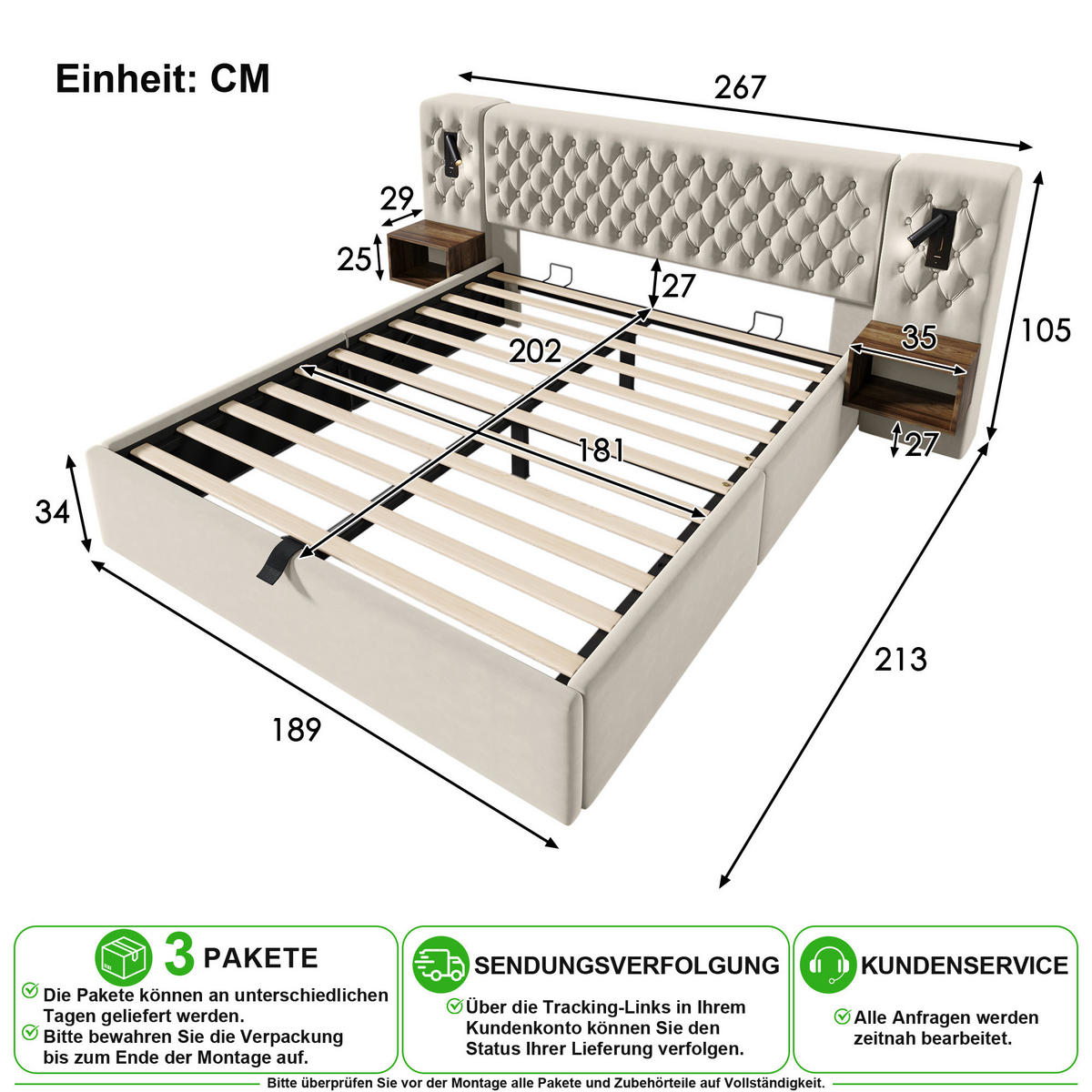 BETTANLAGE 180/200 cm in Beige Samt mit Stauraum, USB, Type-C, Leselampen und 2 Nachttischen - Beige, Holzwerkstoff/Textil (180/200cm) - CHICFURN