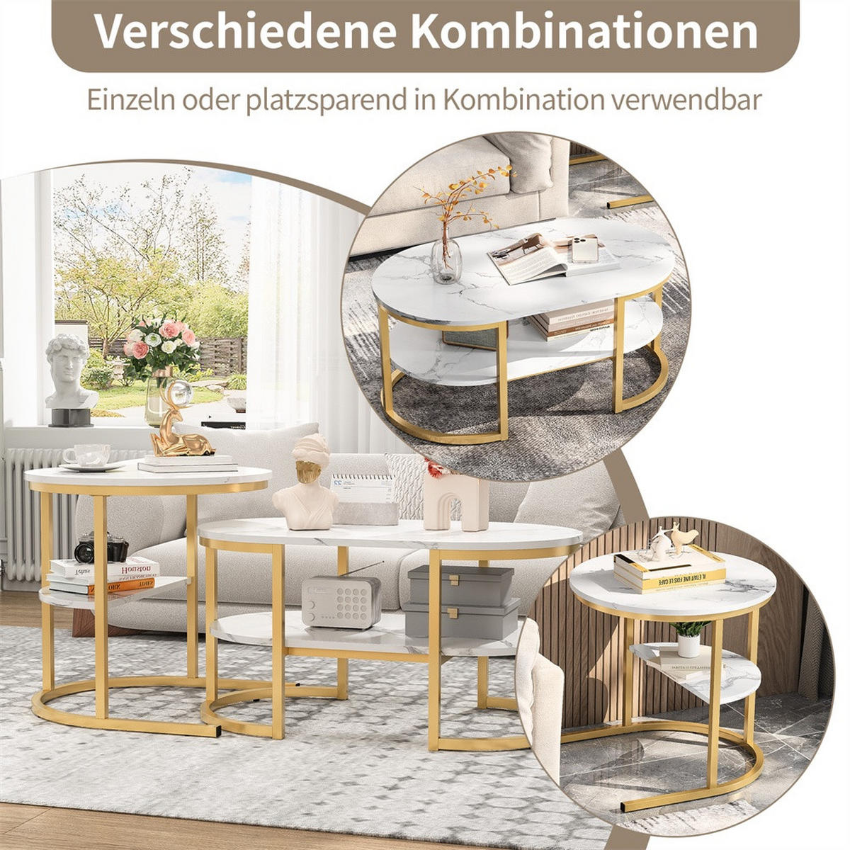 COUCHTISCH 2er-Set - Ovaler und Runder Couchtisch in Marmoroptik mit Ablage - Weiß und Gold - Goldfarben, Holzwerkstoff (46/80/41cm) - DELFA