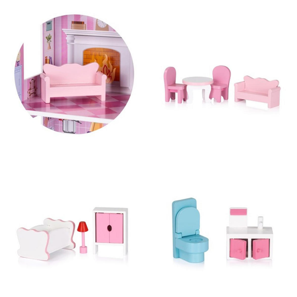 PUPPENHAUS DIWH02408 rosa 60 x 24 cm, MDF, 9-teiliges Möbel-Set, 5 Räume, Balkon, ab 3 Jahren - Rosa, Holz (24/70/60cm) - Chipolino