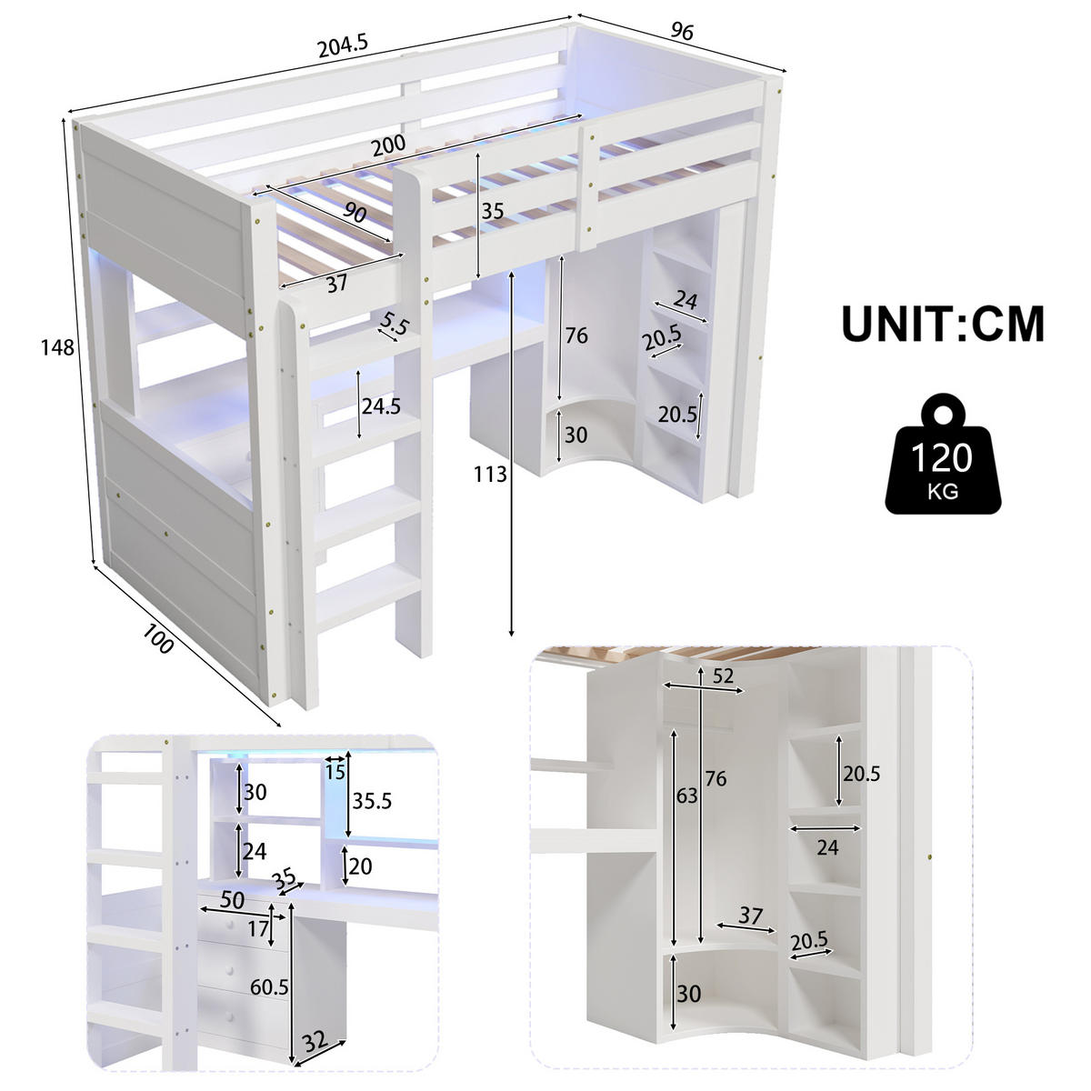 HOCHBETT aus Kiefer 90x200 cm Weiß mit LED-Beleuchtung, Schreibtisch, Kleiderschrank und Schubladen - Weiß, Holzwerkstoff (90/200cm) - Modfu