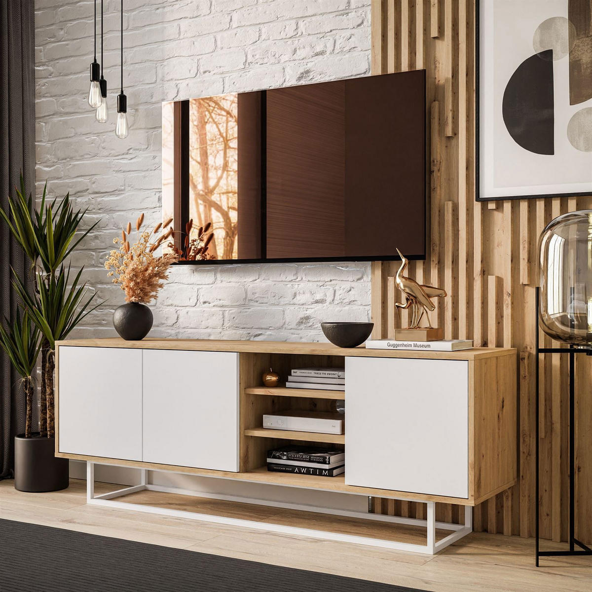 TV-ELEMENT SANAYI II mit Regalen Eiche Artisan/Weiß - Weiß, Holzwerkstoff (156/56/38cm) - Lookway