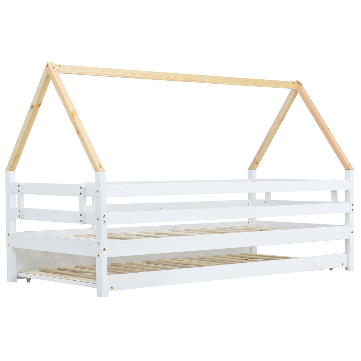 KINDERBETT aus Massivholz 90x200 cm in Weiß/Natur mit Ausziehbett - Weiß, Holz (90/200cm) - Modfu