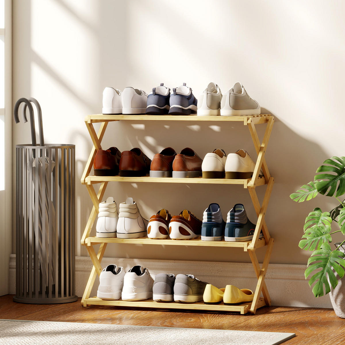 SCHUHREGAL mit 4 Ebenen Schuhablage aus Bambus für 12 Paar Schuhe Natur - Naturfarben, Naturmaterialien/Bambusholz (29/67/60cm) - HOMCOM