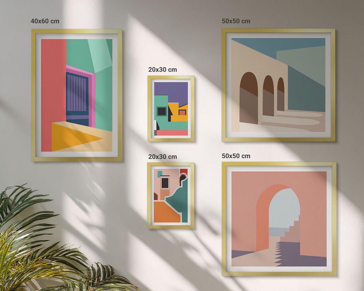 BILDER SET 5er Set - 50x50 cm & 20x30 cm & 40x60 cm Goldrahmen - Farbenfrohe Illustrationen der Stadt - Goldfarben, Kunststoff (40/60cm) - TULUP