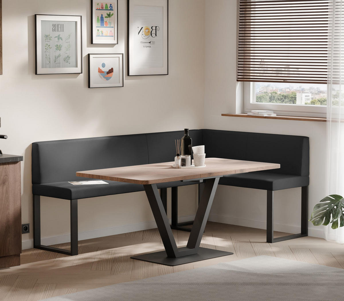 ECKBANK rechts SANA U Kunstleder glatt, 142/196 cm Schwarz - Schwarz, Kunststoff/Textil (142/196cm) - Idohome