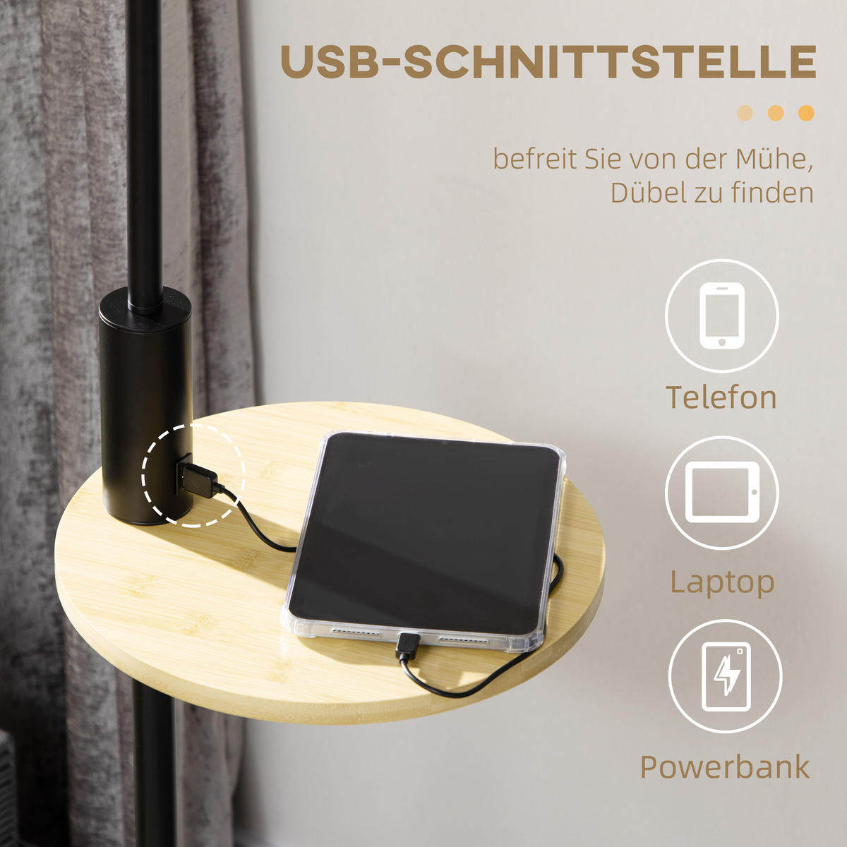 STEHLEUCHTE, Stehlampe mit Ablage, 40 W Standlampe mit USB-Anschluss, Creme - Weiß, Metall (40/40/170cm) - HOMCOM