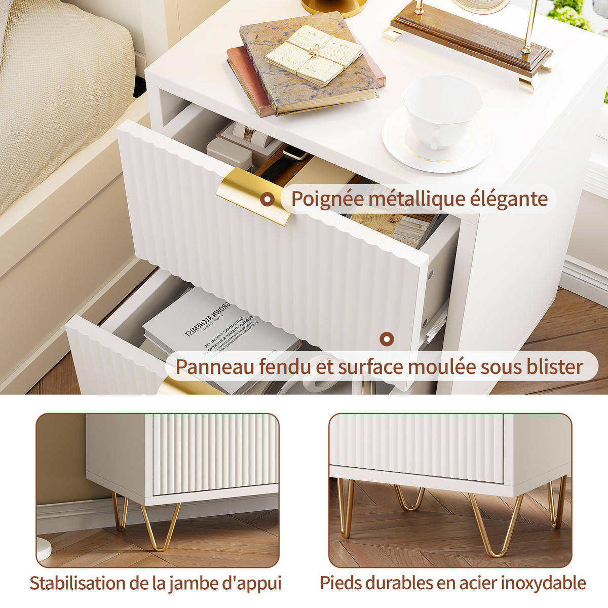 NACHTTISCH 2er Set 2 Schubladen weiß 49x29x47 cm - Weiß, Holz (29/47/49cm) - LEBENLANG