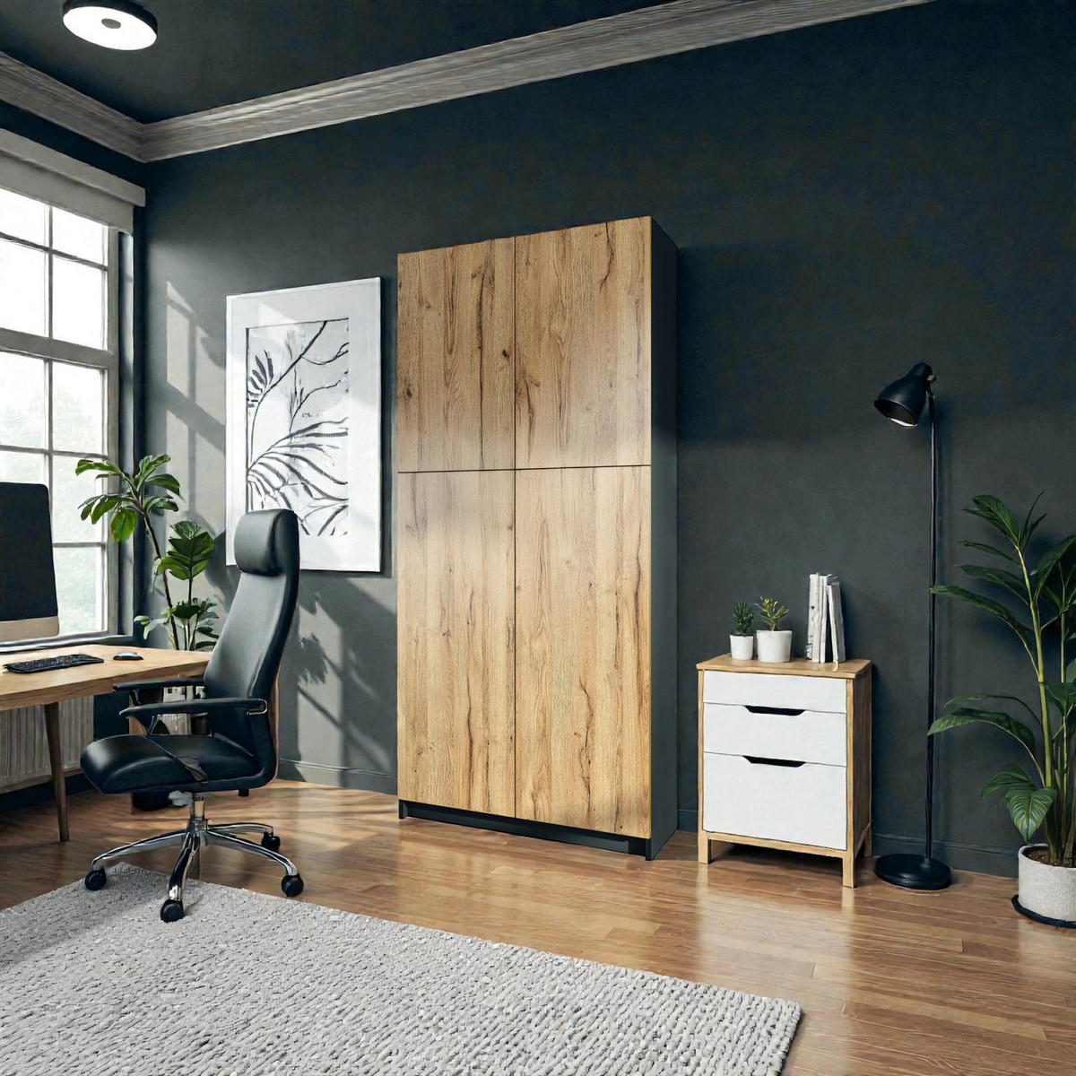 AKTENSCHRANK Elona M1, Büroschrank mit Soft-Close & Push-to-Open, Schwarz/Eiche Natur (82 x 184 x 37 cm) - Eiche Wotan, Holzwerkstoff (82/184/37cm) - InnoFurn