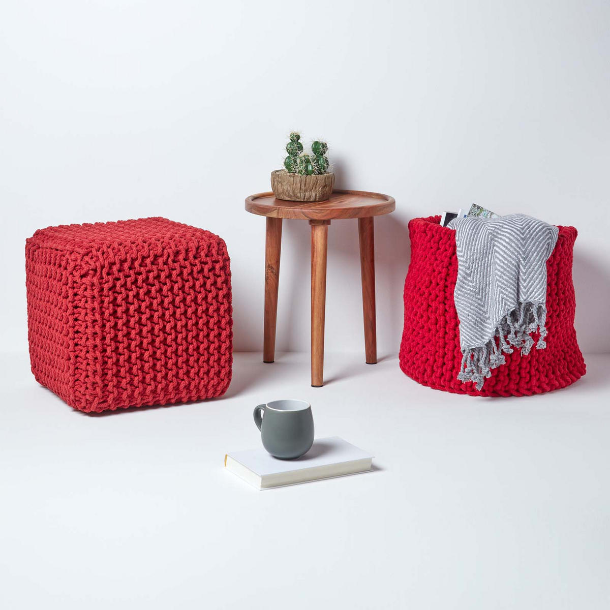 STRICK-POUF rot, Sitzwürfel 35/35/35 cm - Rot, Textil (35/35/35cm) - Homescapes