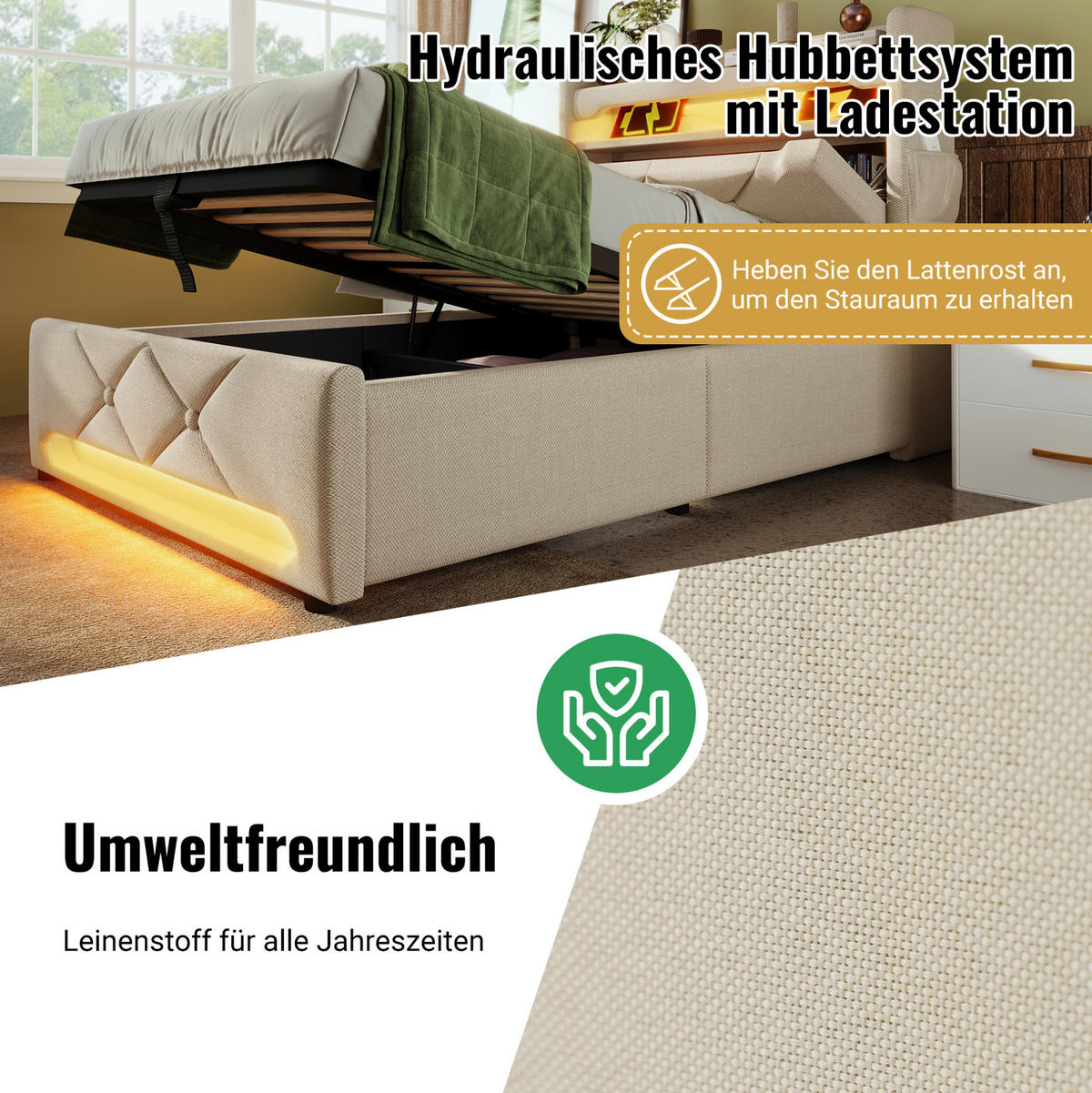 POLNJENA postelja iz lanu 90x200 cm bež z LED osvetlitvijo, USB in Type-C priključki ter hidravličnim prostorom - bež, tekstil (90/200cm) - Modfu
