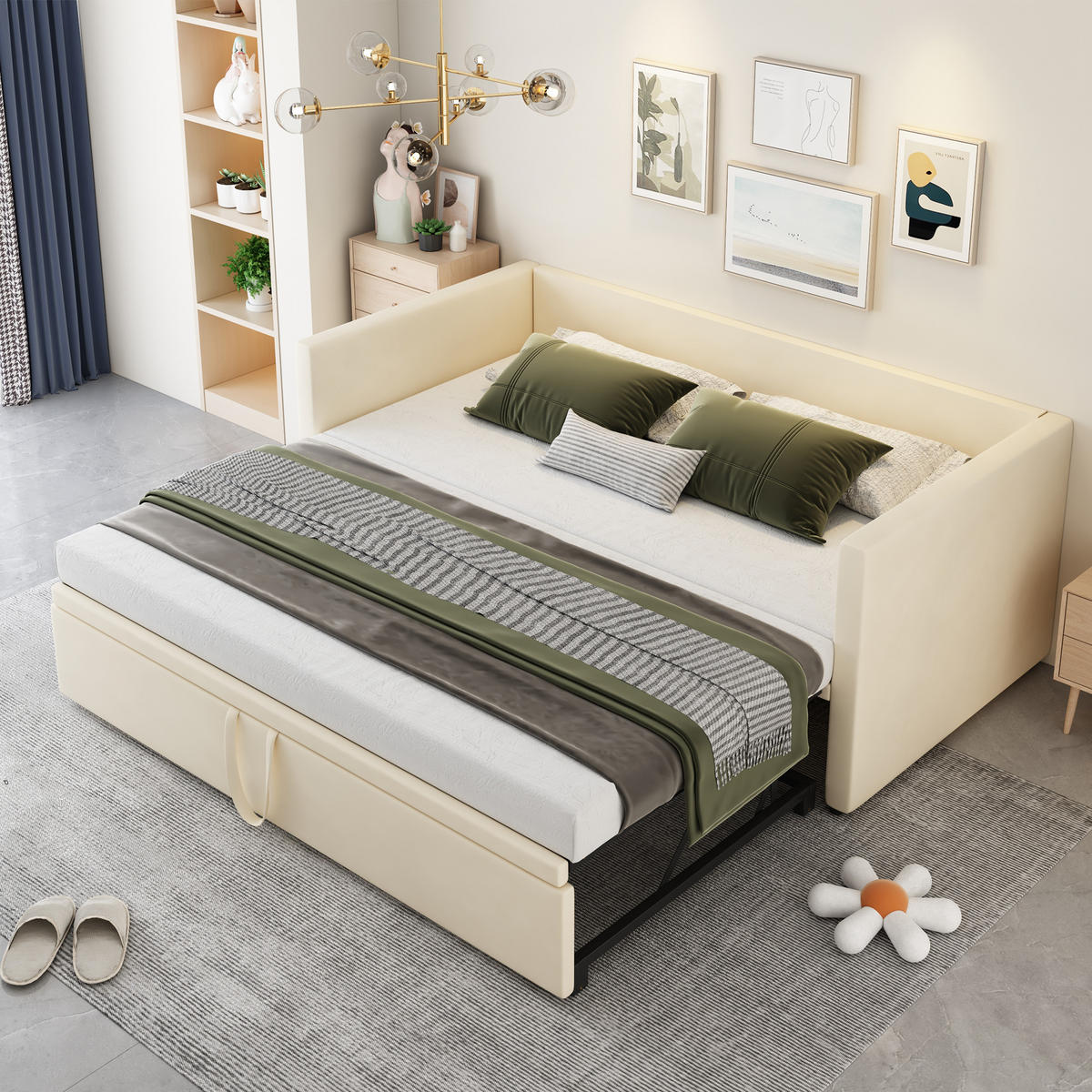 POLSTERBETT 90/180x200 Beige Samt Ausziehbar - Beige, Textil (180/200cm) - FLIEKS