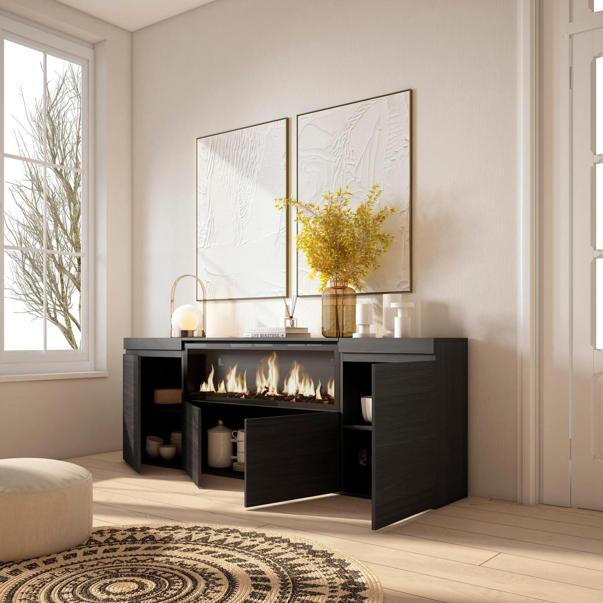 SIDEBOARD Highboard, Elektrokamin XXL, schwarz, 208/35/75cm - Schwarz, Holzwerkstoff (208/75/35cm) - Skraut Home