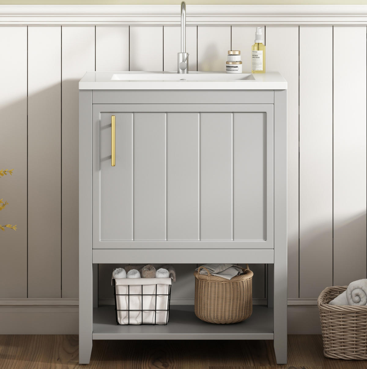 WASCHTISCHKOMBI 60 cm Grau aus MDF mit Keramikwaschbecken - Grau, Holzwerkstoff (61/87/47cm) - OKMYHOME