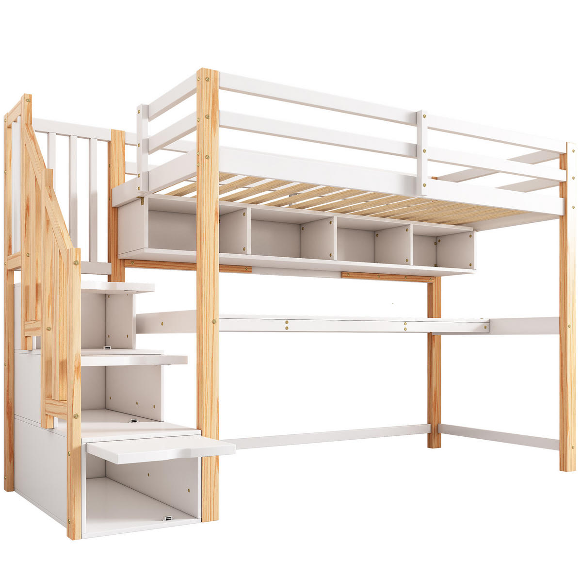 HOCHBETT 90/200 cm mit Schreibtisch, Treppe und Regalen, Weiß/Eiche - Weiß, Holzwerkstoff (90/200cm) - Redom