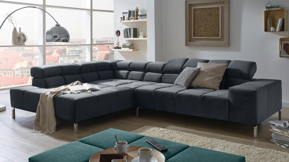 ECKSOFA MIT MOTORISCHEM SITZVORZUG NELSON Schwarz Velvet Relaxfunktion - Silberfarben/Schwarz, Textil (321/216cm) - KAWOLA