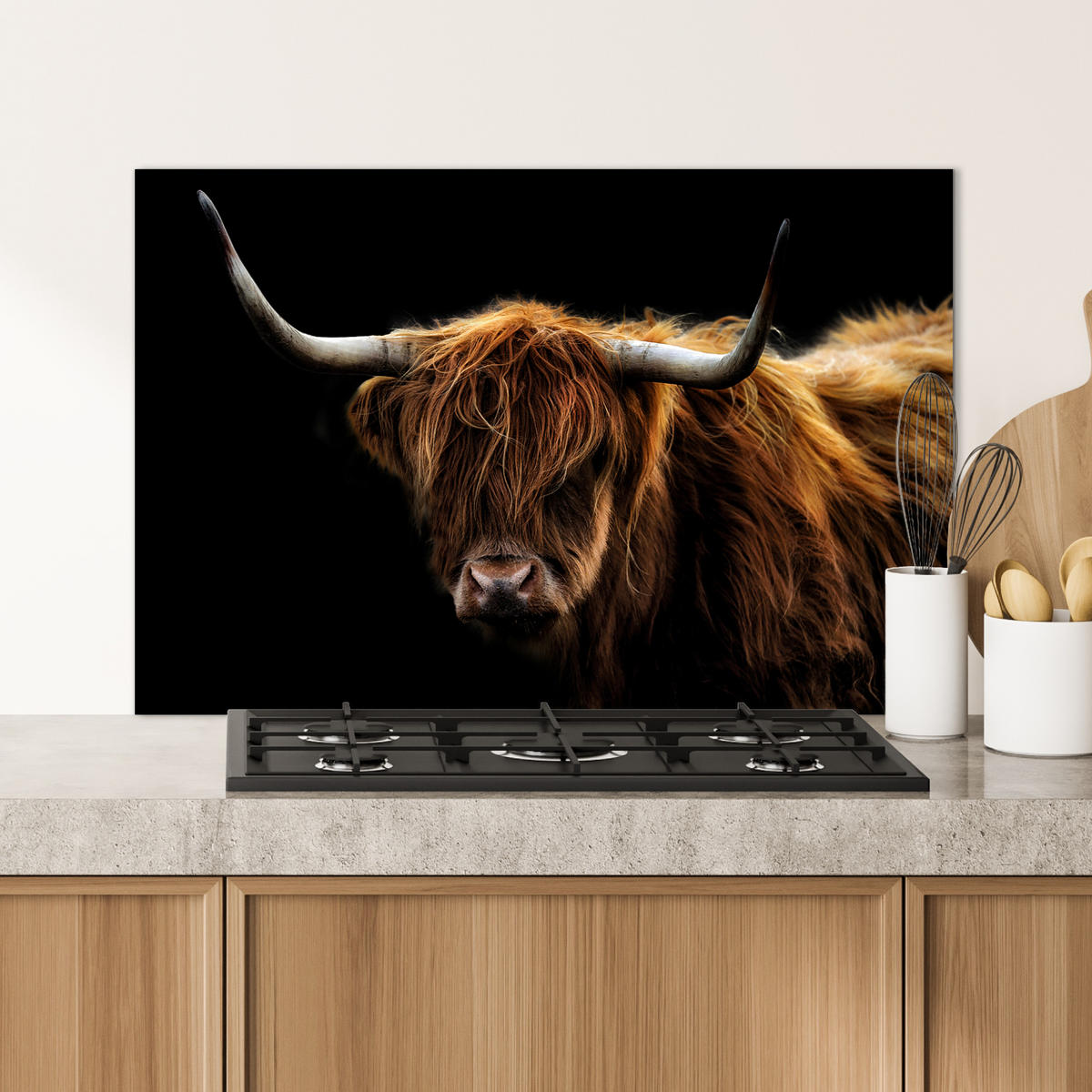 SPRITZSCHUTZ KÜCHE Schottischer Highlander - Hörner - Schwarz - Tiere - Natur - Wild - Kuh 80x55 cm - Cognac, Metall (80/0.3/55cm) - MuchoWow