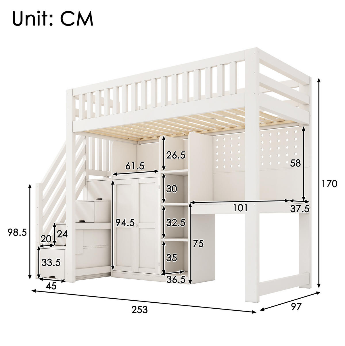 HOCHBETT 90/200 cm Weiß mit Schreibtisch, Kleiderschrank und USB-/Type-C-Anschlüssen - Weiß, Holzwerkstoff (90/200cm) - Flora Grace