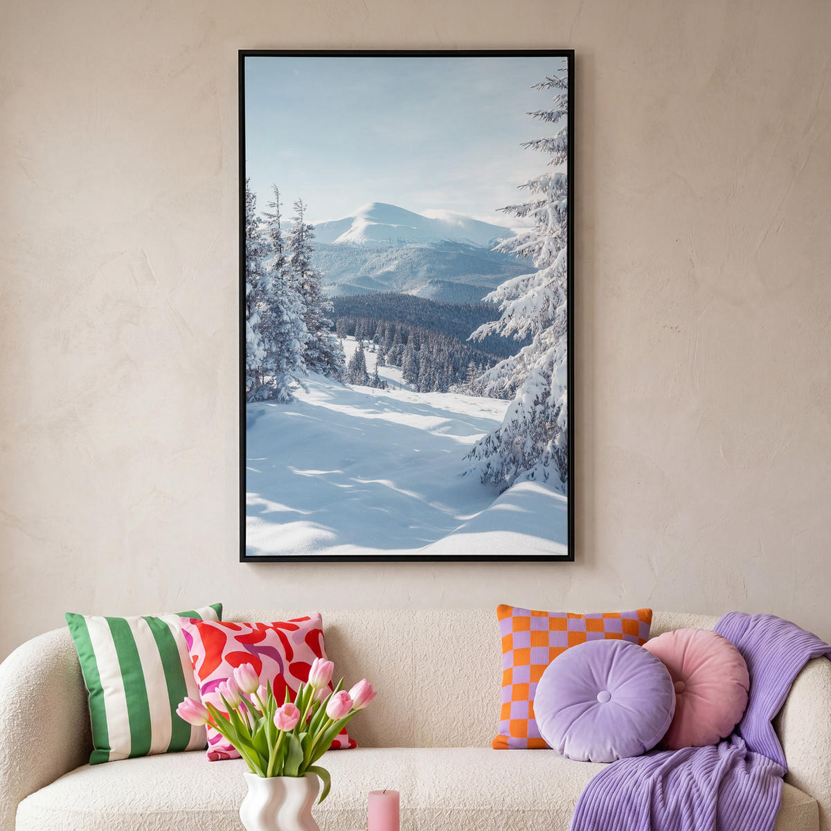 LEINWAND Bilder mit Rahmen - Winterlandschaft - Natur - Berge - Bäume - Schnee - 100x150 - Hellblau, Textil (100/150cm) - MuchoWow