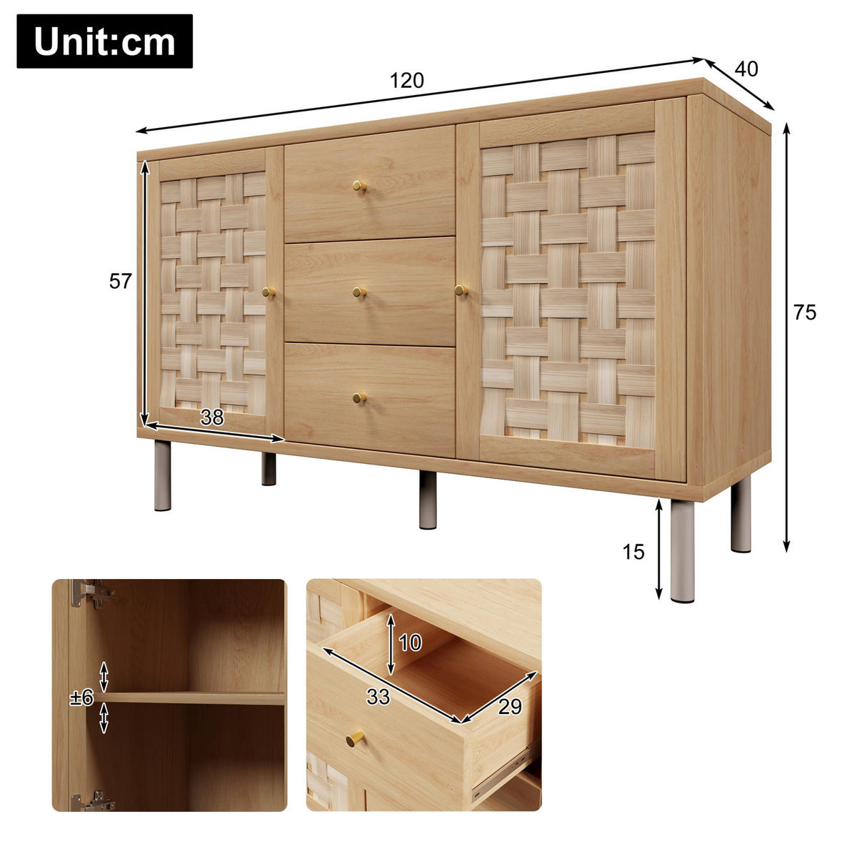 KOMMODE 120/40/75 cm in Eichefarben mit 2 Türen, 3 Schubladen und Metallbeinen - Nussbaumfarben, Holzwerkstoff (120/70/40cm) - Flora Grace