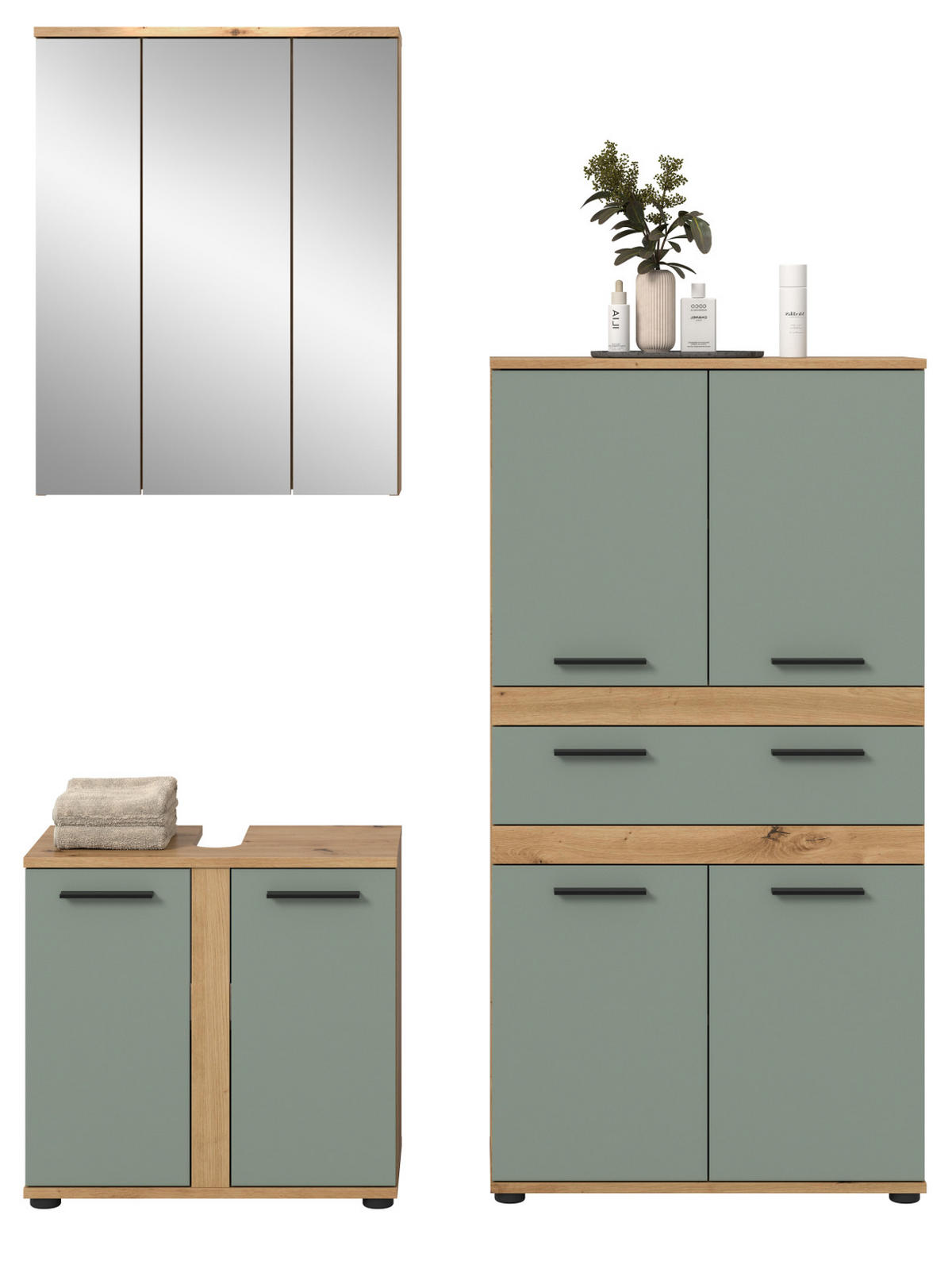 BADMÖBEL-SET 3-teilig Salbei grün, Artisan Eiche 145 cm, moderne Badkombination - Salbeigrün/Schwarz, Glas/Holzwerkstoff (145/191/34cm) - Inn.Furn