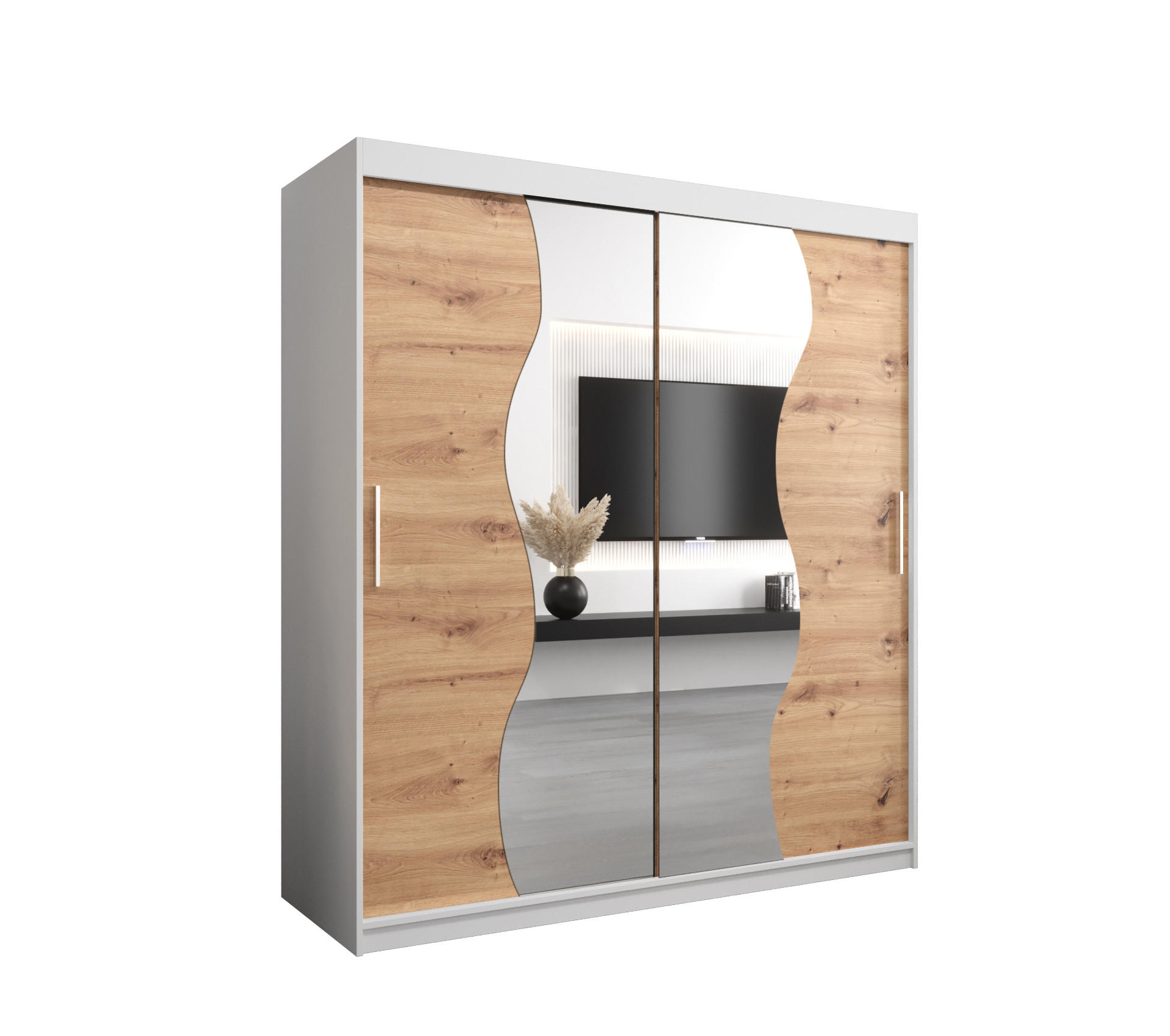 Abiks Möbel Schwebetürenschrank Weiß, Eiche Artisan 180x200x62 cm