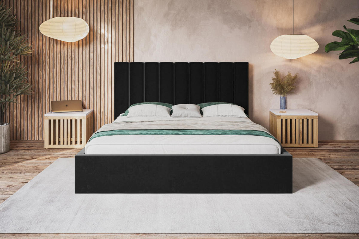 BETT 160x200 - Polsterbett mit Bettkasten und Holzrahmen - Modern Betten - Weicher Jasminstoff - Kollektion Sapporo - Schwarz - Schwarz, Holz/Textil (160/200cm) - Alpi-Möbel