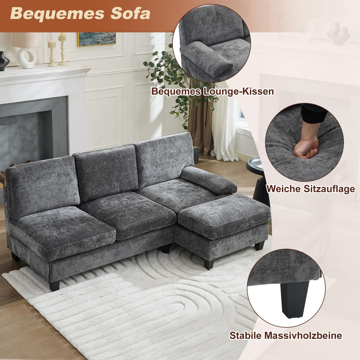 ECKSOFA L-Form, Stoff mit Schlaffunktion, 194/118/81 cm, Grau - Grau, Textil (118/194cm) - Redom
