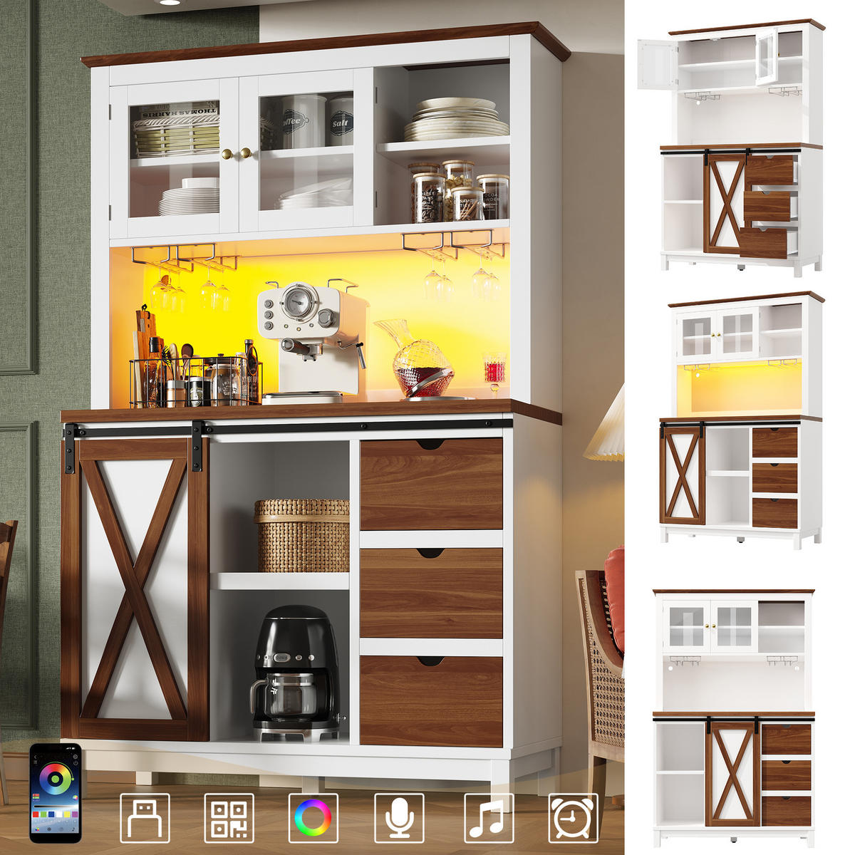 BUFFET Küchenschrank MDF Schiebetür Scheunentor LED App Steuerung ergonomische 92cm Arbeitsfläche - Braun/Weiß, Glas/Holzwerkstoff (104/180/40cm) - EVRYAE