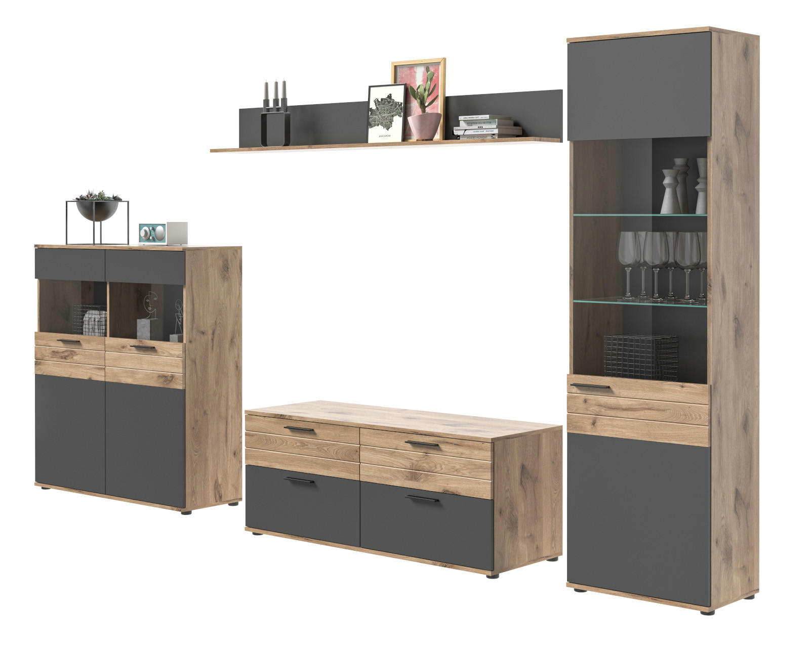 WOHNWAND Eiche, grau 4-teilig 327 cm, Schrankwand mit Soft-Close, Wohn- und Esszimmermöbel - Eichefarben/Schwarz, Glas/Holzwerkstoff (327/200/44cm) - Inn.Furn