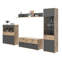 WOHNWAND Eiche, grau 4-teilig 327 cm, Schrankwand mit Soft-Close, Wohn- und Esszimmermöbel - Eichefarben/Schwarz, Glas/Holzwerkstoff (327/200/44cm) - Inn.Furn