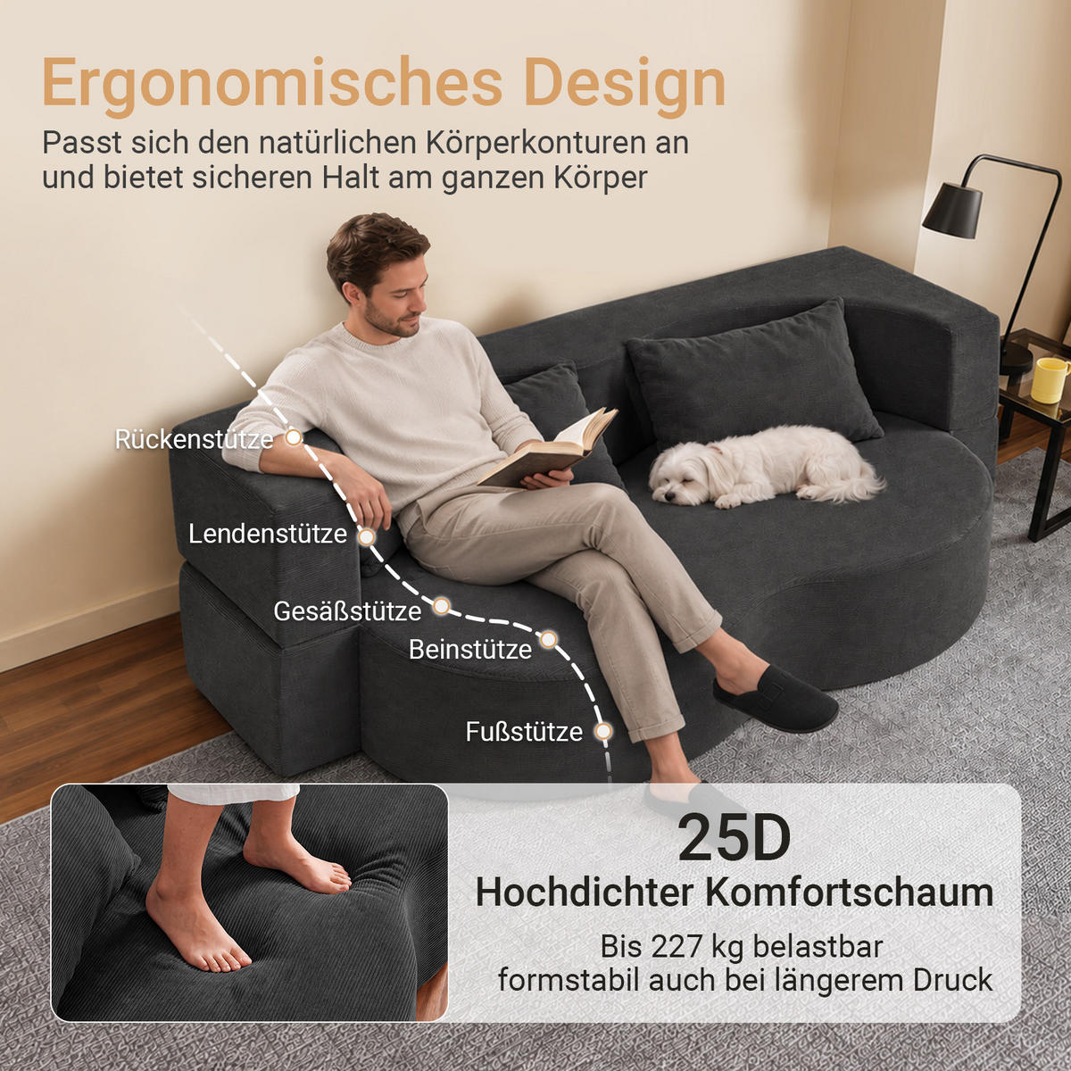 SOFA ausziehbar mit Kordstoffbezug FST101-SCH - Schwarz, Textil/Metall (177/32/107cm) - SoBuy