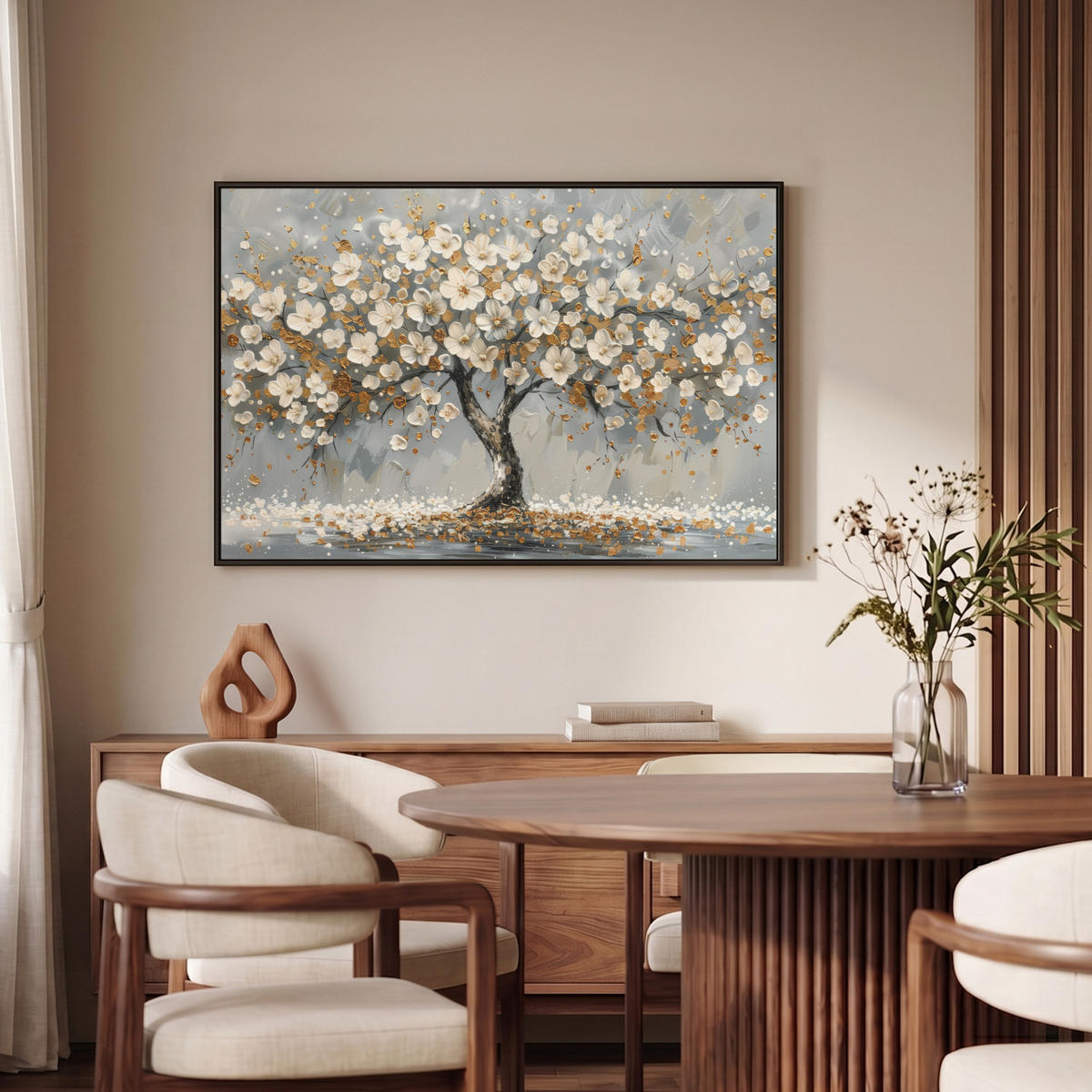 LEINWAND Bilder mit Rahmen - Baum - Blumen - Weiß - Natur - Kunst - 90x60 - Weiß, Textil (90/60cm) - MuchoWow